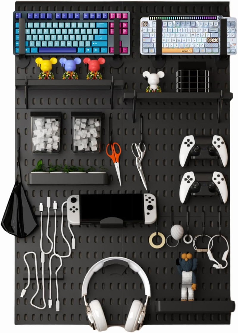 KEEPO Pegboard Combination Kit, Pegboards and Accessories Modular Hanging for Gaming Setup, Gaming Station Peg Board, Gaming Organizer, Wall Game Controller Holder, Headset Stand (Black, 33″×22″) - Image 1